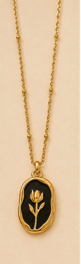 Black Enamel Tulip Oval Pendant Necklace