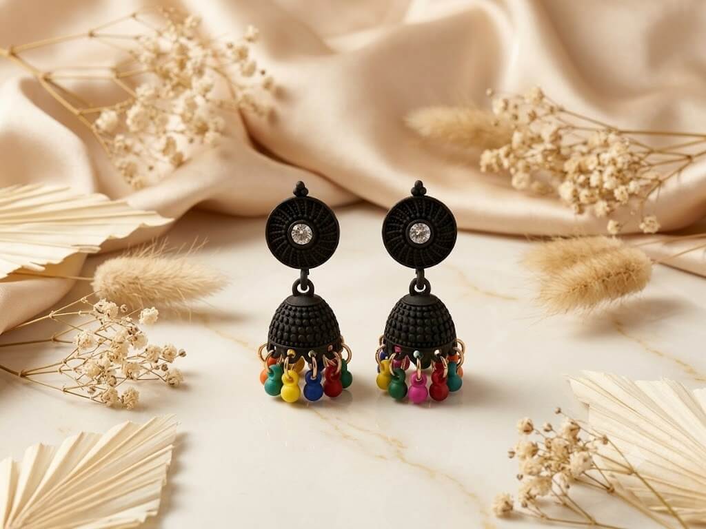 Black Jhumkas With Multi-Color Beads