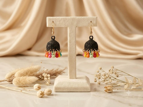 Black Jhumkas With Multi-Colors