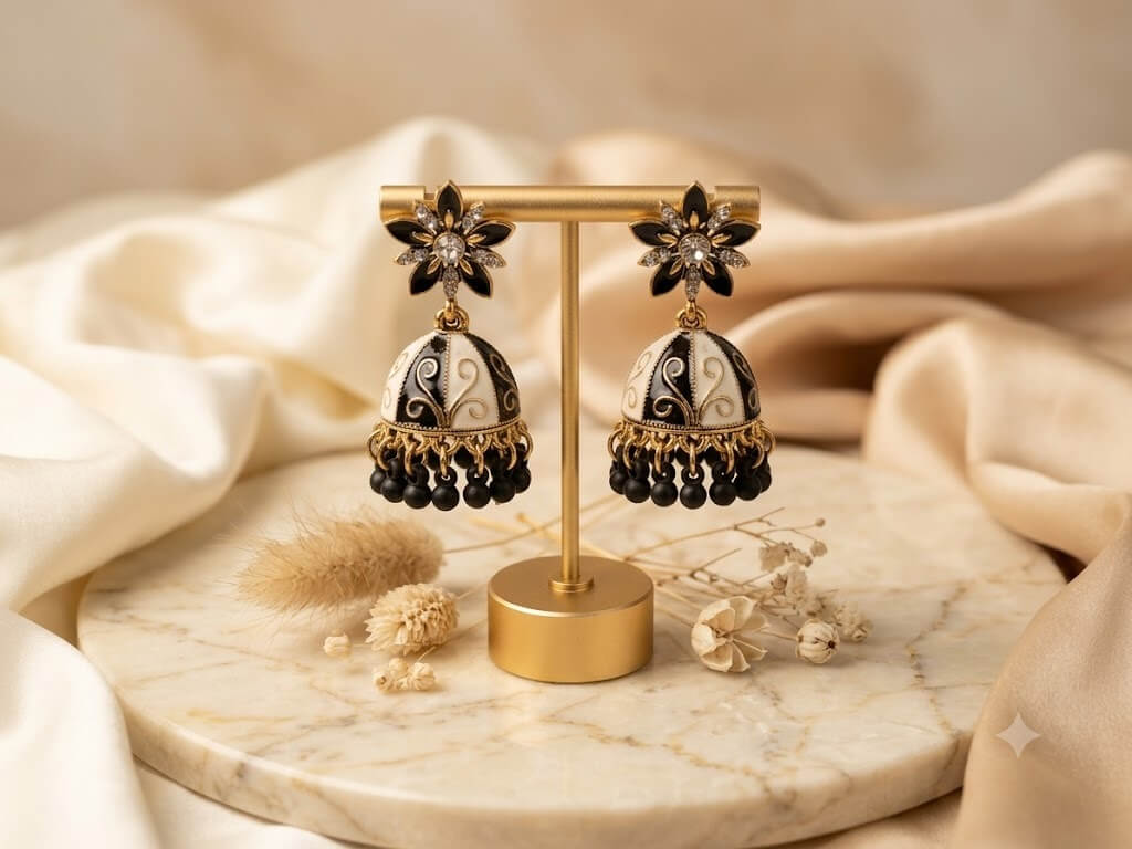 Black And White Enamel Jhumka