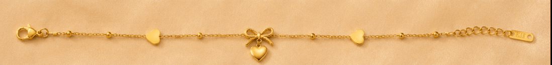 Golden Bow & Dainty Heart Charm Bracelet