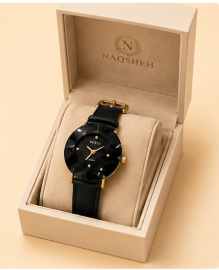 Naqsheh Champagne & Black Faceted Leather Watch