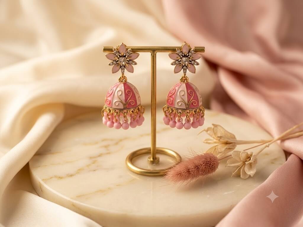 Pink And Gold Enamel Jhumkas