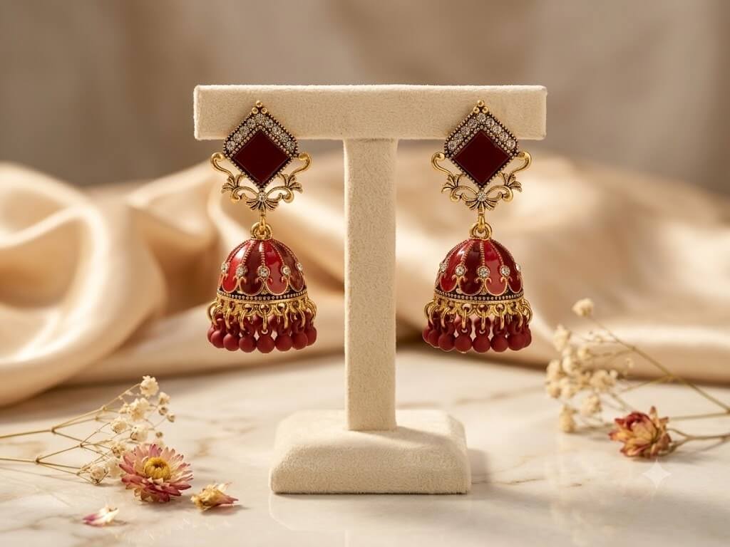 Square Top Maroon Meenakari Jhumka