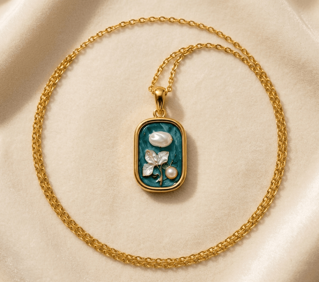 Teal Oval Flower & Pearl Pendant Necklace