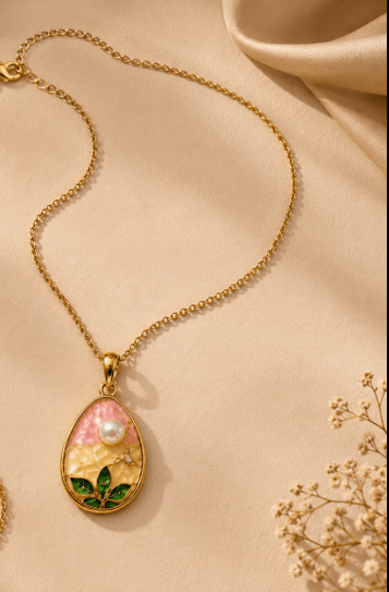 Teardrop Pastel Enamel & Leaf Pendant Necklace
