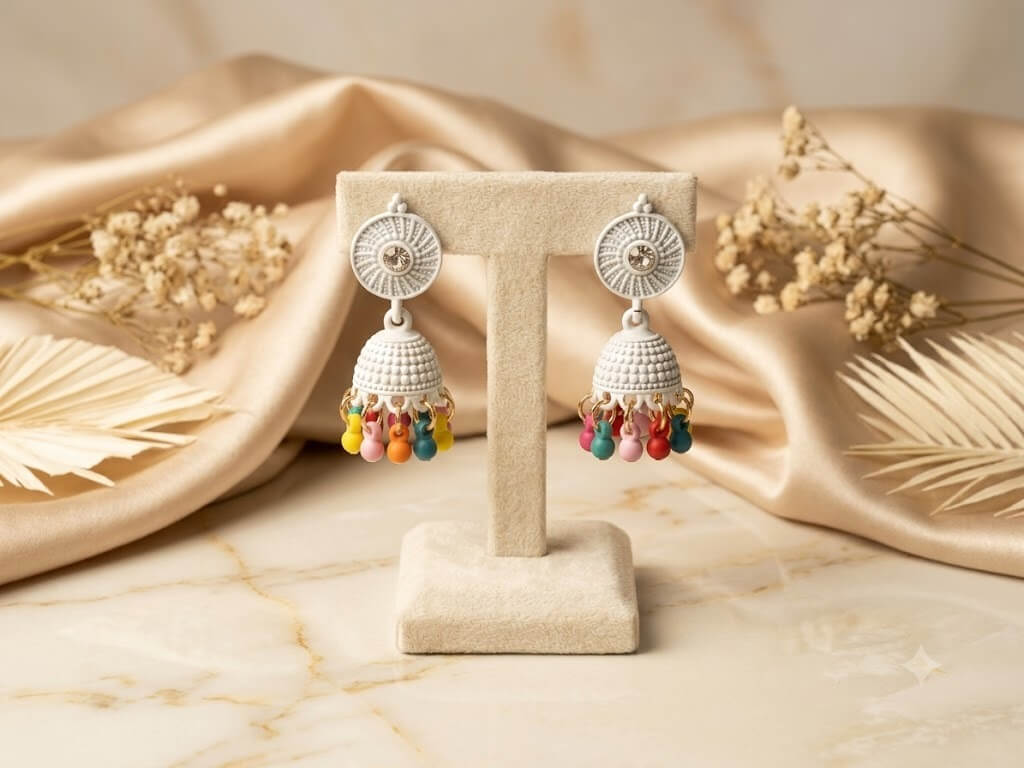 White Jhumkas With Multi-Color