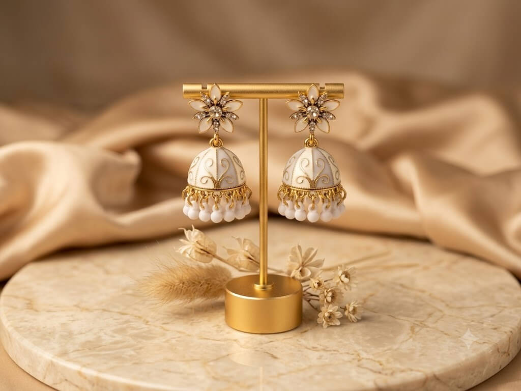 White And Gold Ename Jhumkas