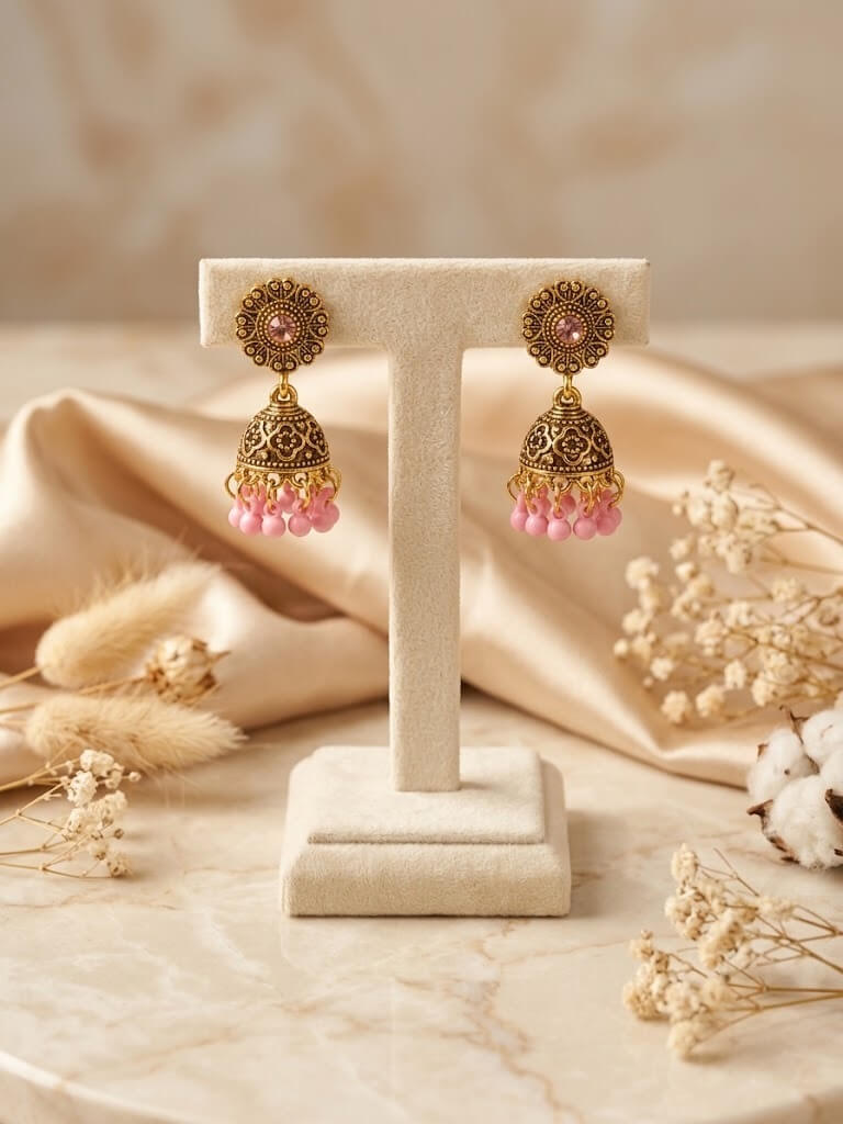 Zaywar Light Pink Stone Gold-Plated Jhumka
