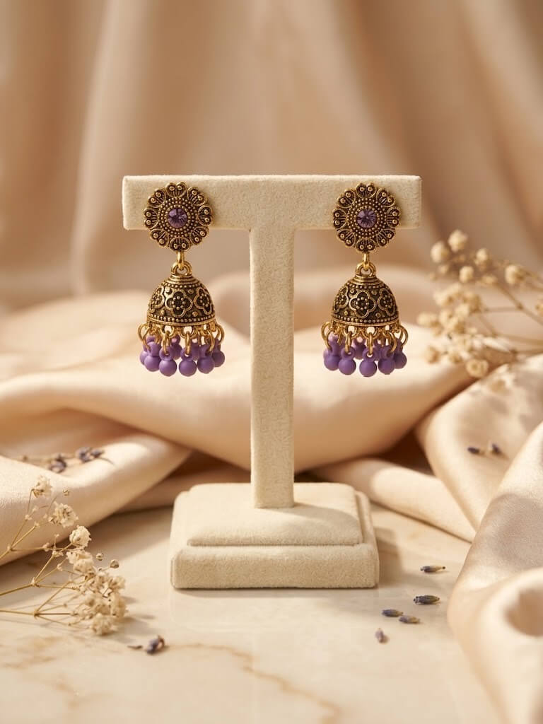 Gold Purple Bead Jhumka